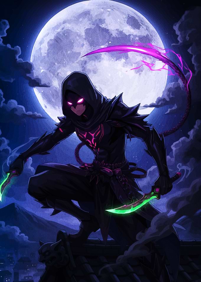 Hooded Ninja with Glowing Weapons