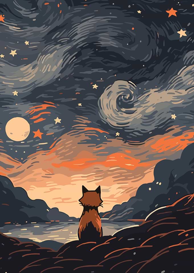 Fox Gazing at Starry Night Sky