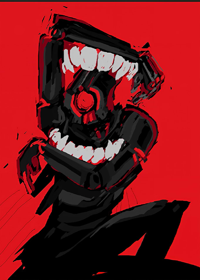 Abstract Monster with Guns on Red