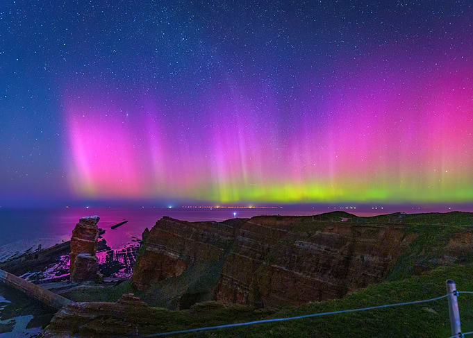 Aurora Borealis over the cliffs of Helgoland, a German island