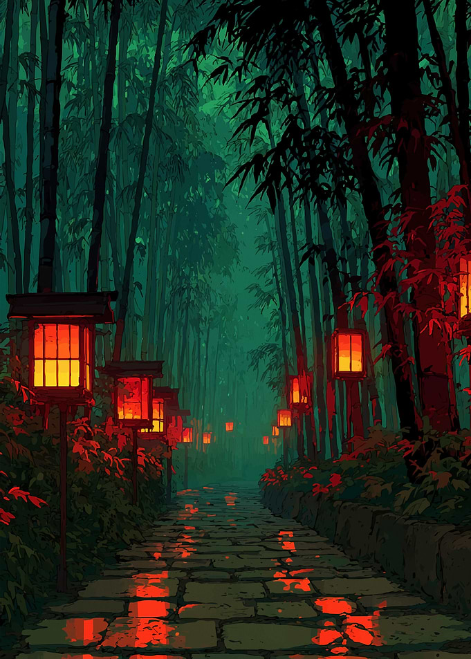Bamboo Forest Path with Lanterns