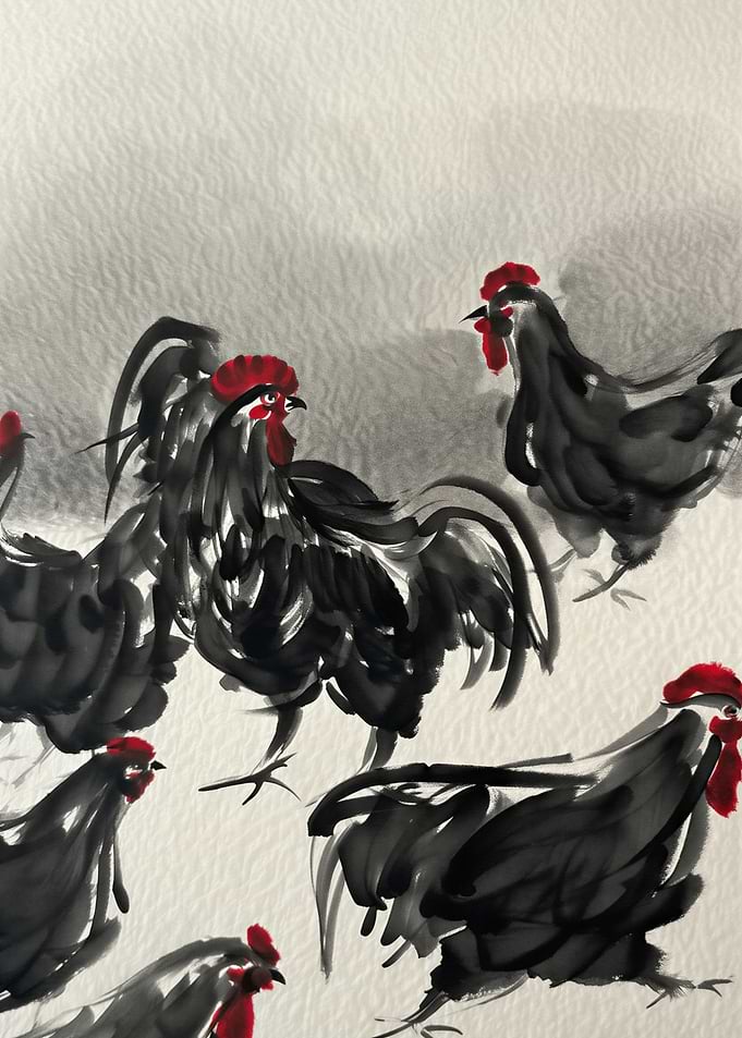 Ink Painting of Roosters