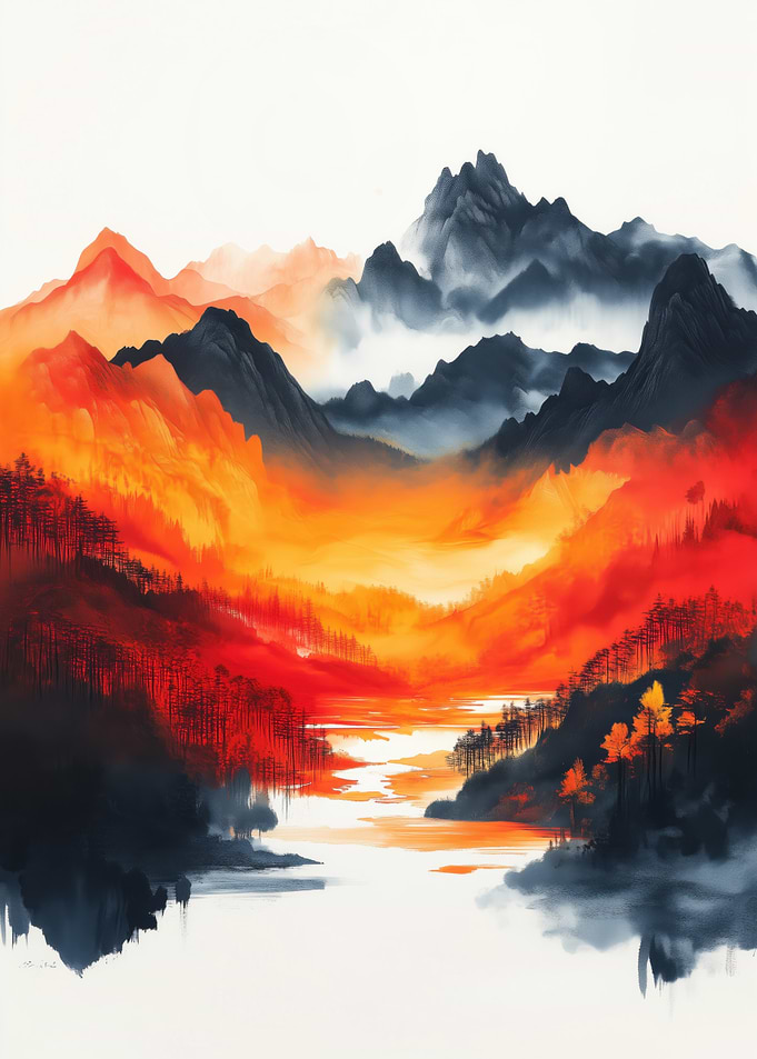 Fiery Mountain Landscape Watercolor Painting