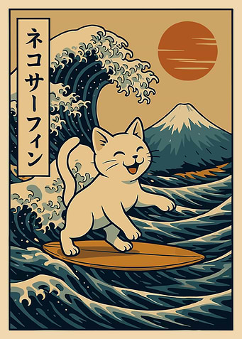 Cat Surfing Japanese Wave Art