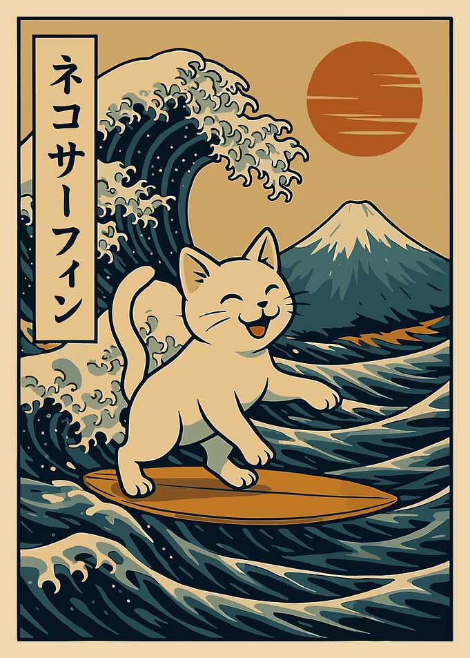 Cat Surfing Japanese Wave Art