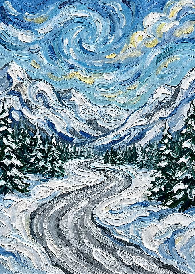 Winter Mountain Road Impressionist Painting
