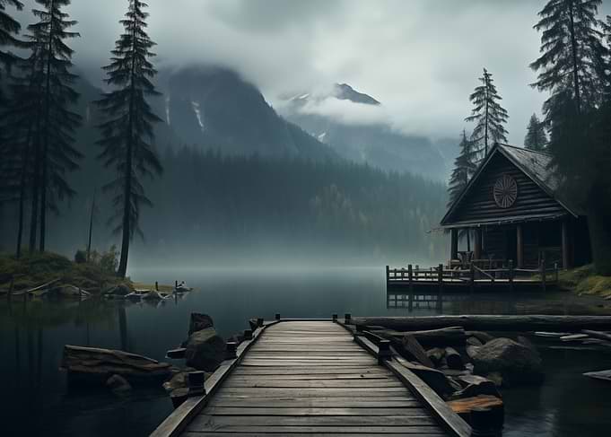 Cabin on a Misty Lake