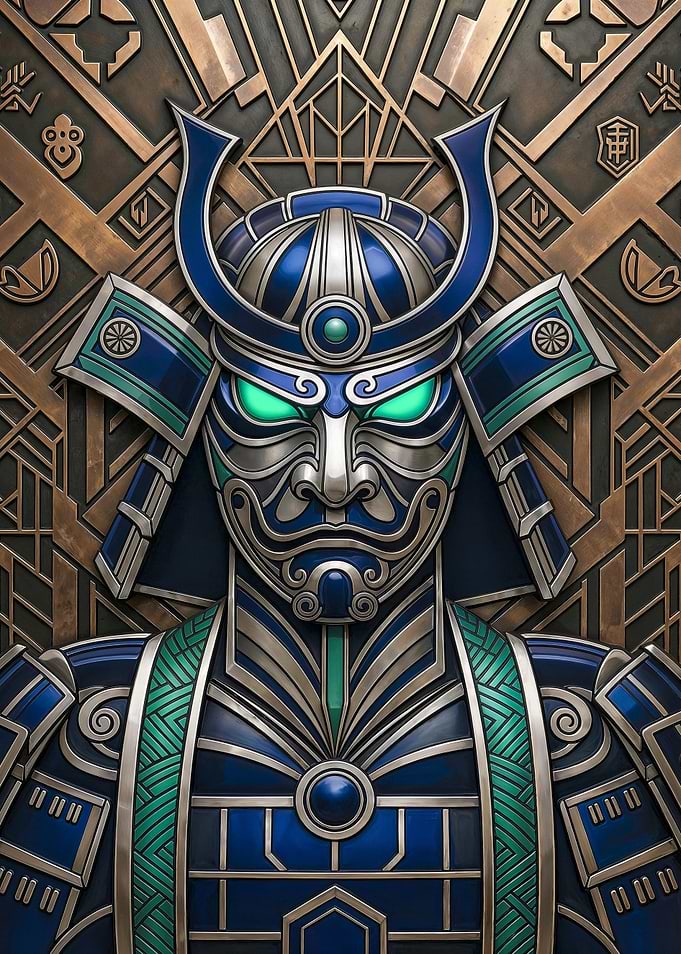 Blue Art Deco Samurai Warrior
