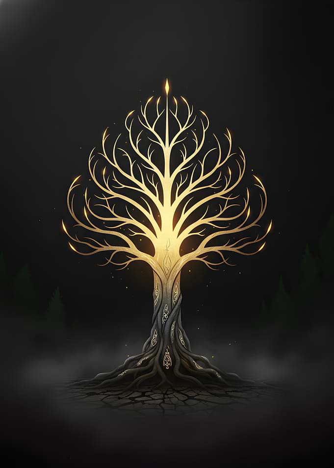 Erdtree Ascension - Dark Fantasy Minimalist Gaming Art