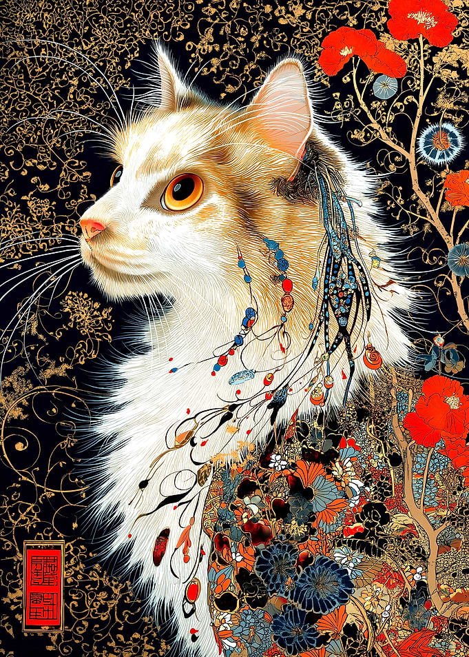 Ornate Cat Portrait with Floral Accents