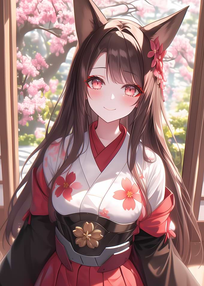 Akagi Anime Girl Fox Ears Kimono