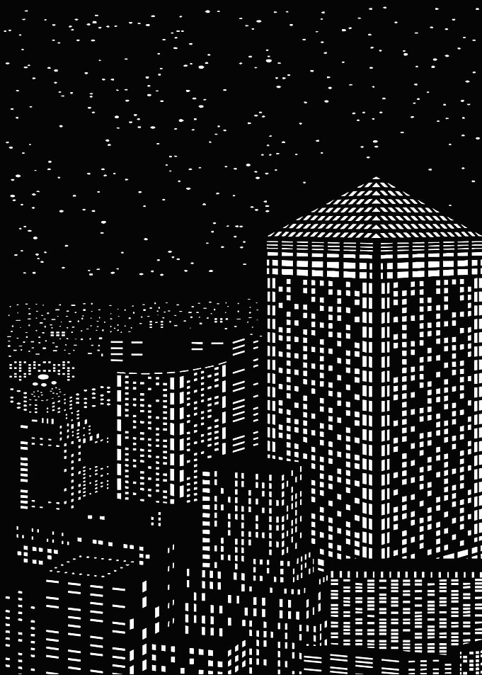 Black and White Cityscape at Night