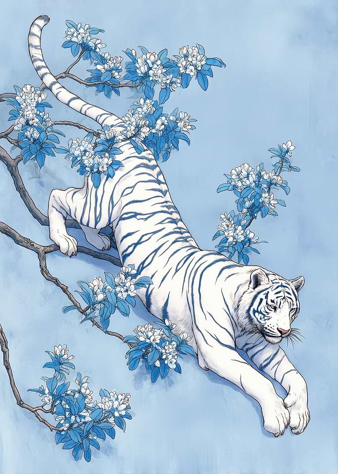 White Tiger in Blue Blossom Tree