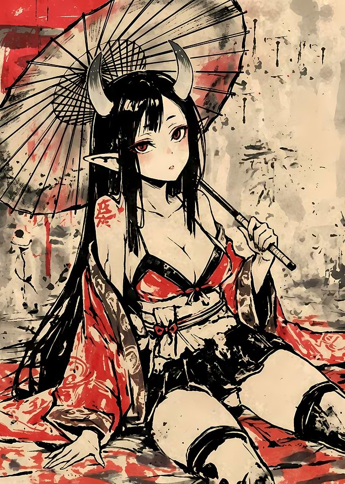 Anime Demon Girl with Parasol
