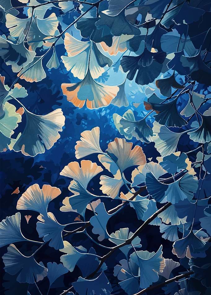 Blue Ginkgo Leaves Painting