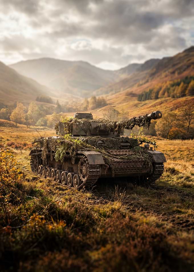 Camouflaged Tank in Autumn Landscape