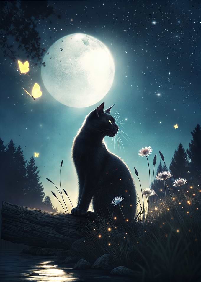 Black Cat Under Moonlight Nature