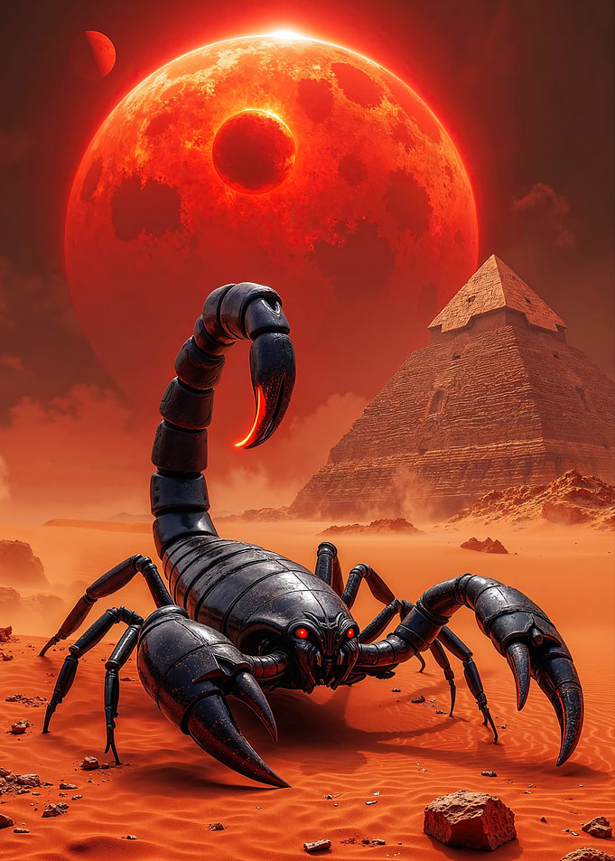 Scorpion in Desert Landscape with Pyramid