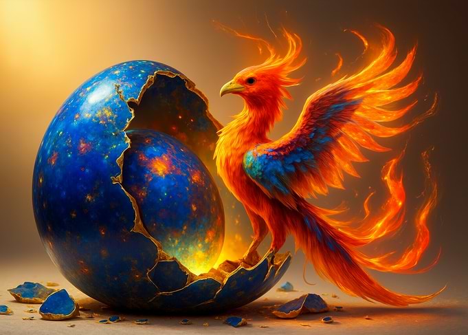 Phoenix emerging from cosmic egg