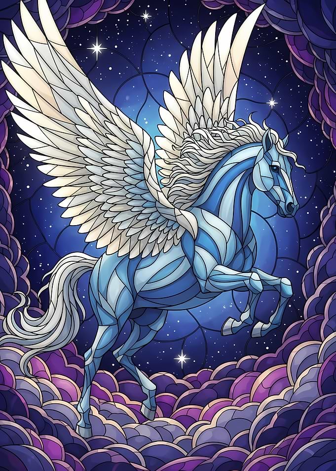 Stained Glass Pegasus in Starry Sky