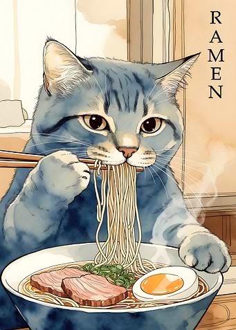 Cat Eating Ramen Watercolor Illustration