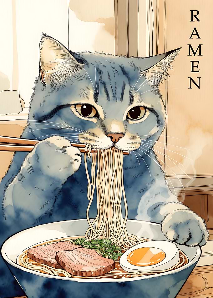 Cat Eating Ramen Watercolor Illustration