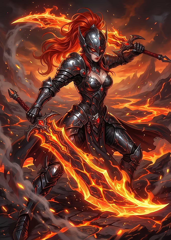 Fiery Warrior Woman with Flaming Swords
