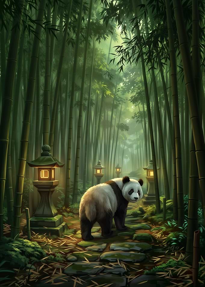 Panda in Bamboo Forest with Lanterns