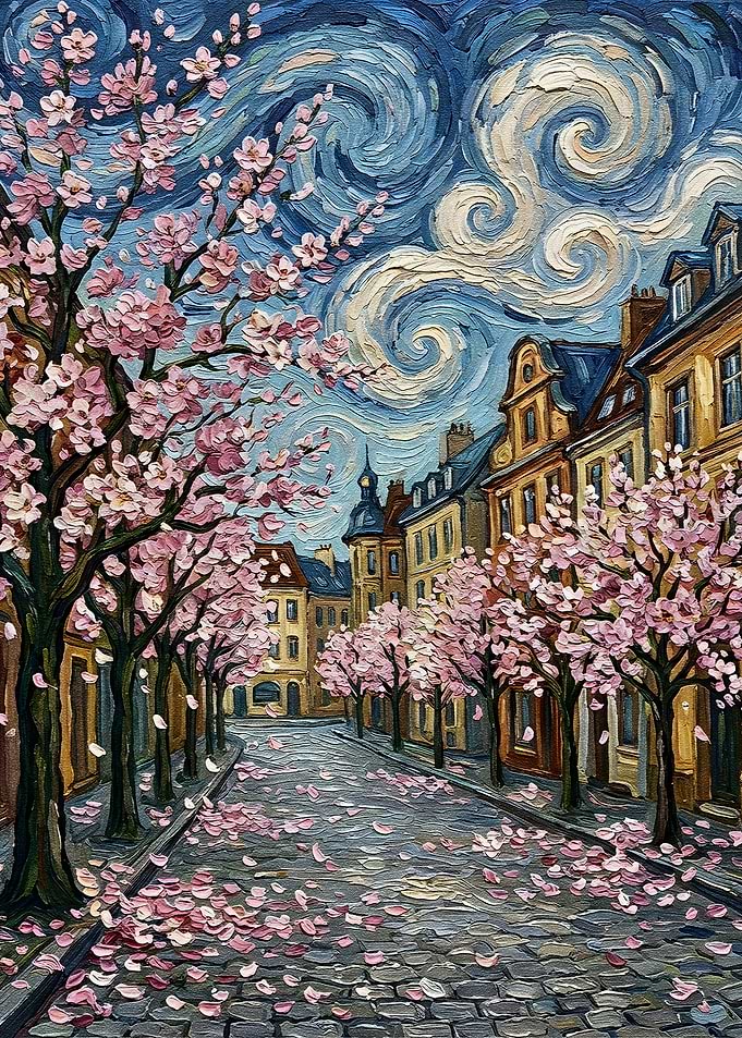 Cherry Blossoms on Cobblestone Street Painting