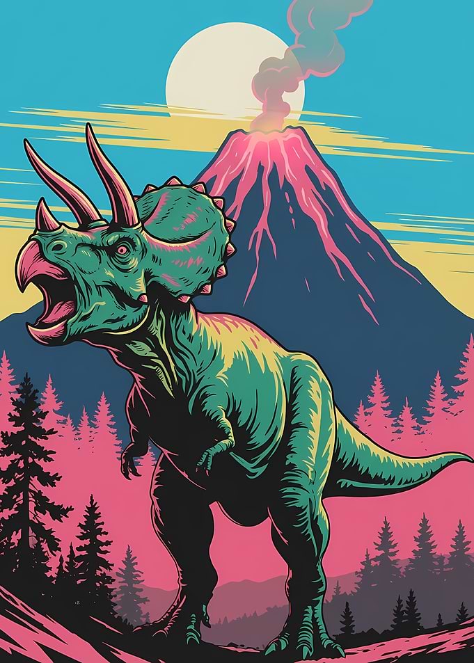 Triceratops Roaring by Volcano Landscape