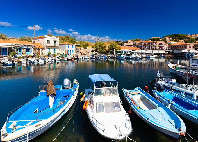 Picturesque Harbor with Boats and Buildings, Lesbos