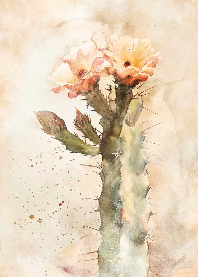 Watercolor Cactus with Peach Flowers