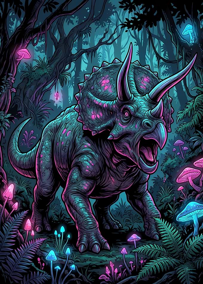 Triceratops in a bioluminescent forest