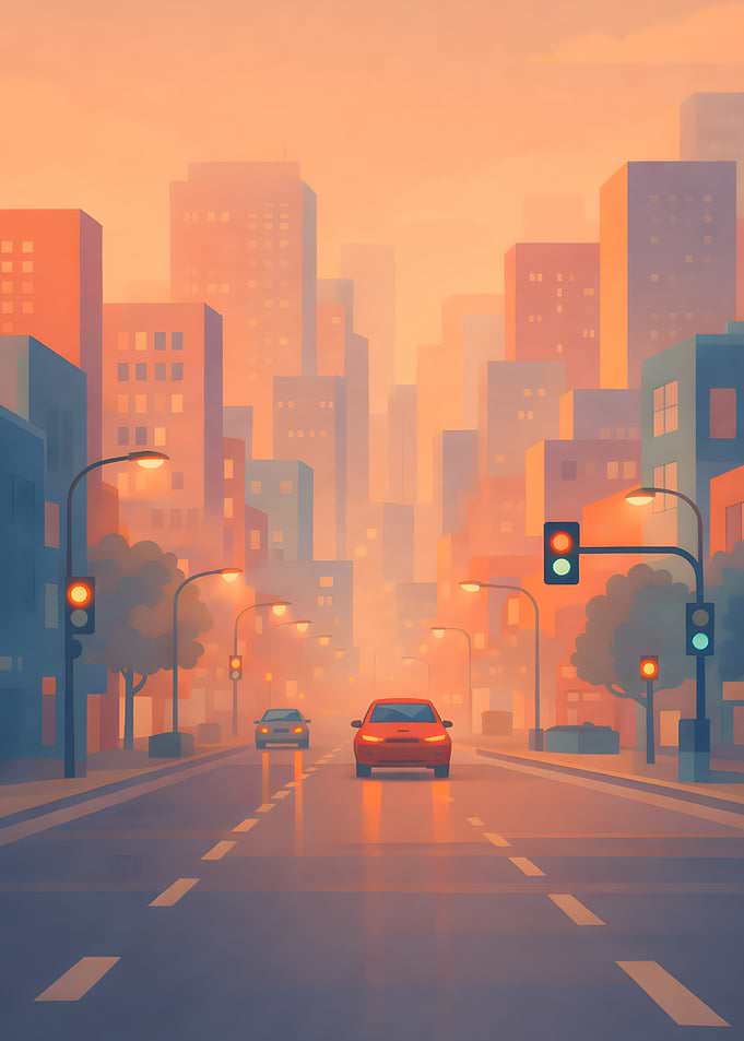 City street with cars at sunset