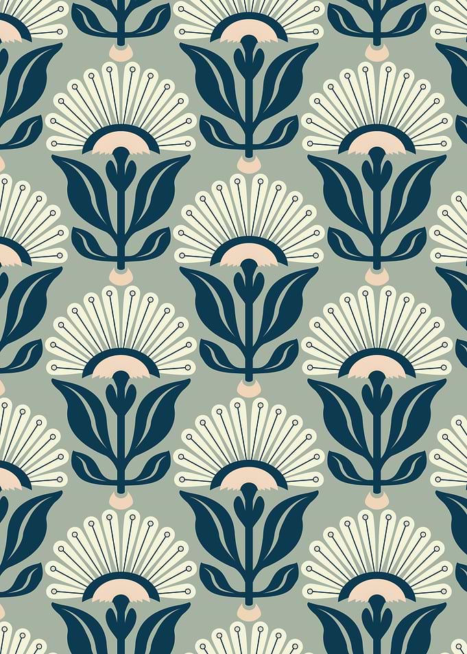 Art Deco Daisy Floral - Navy Blue and Pink
