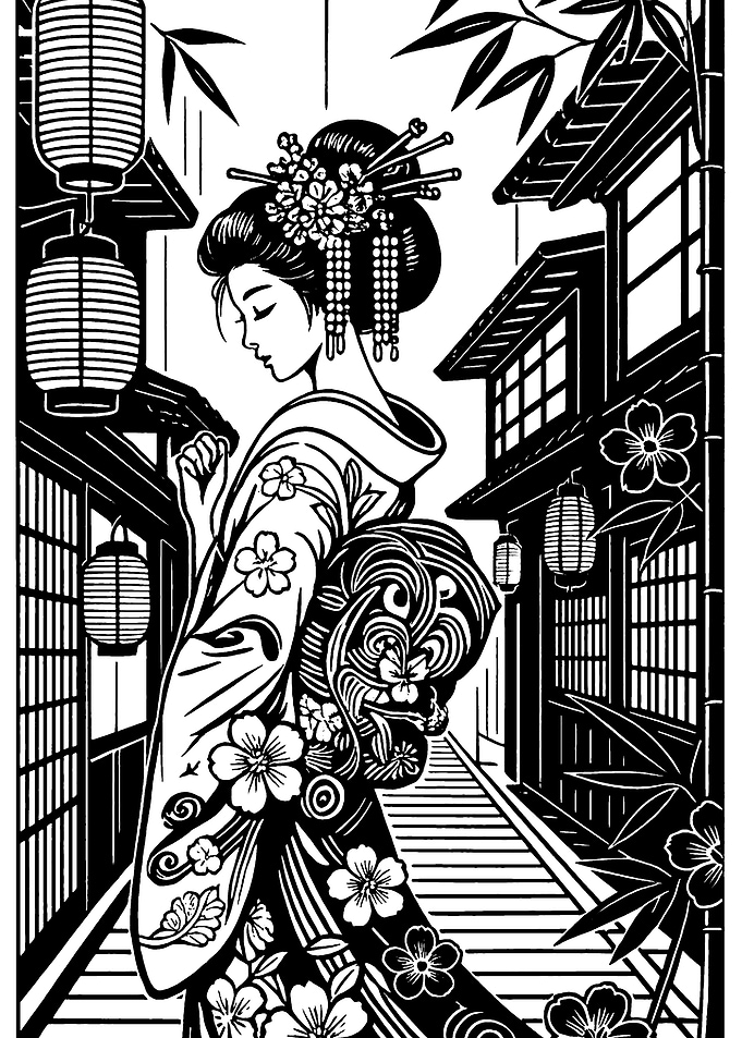 Geisha in Traditional Japanese Street