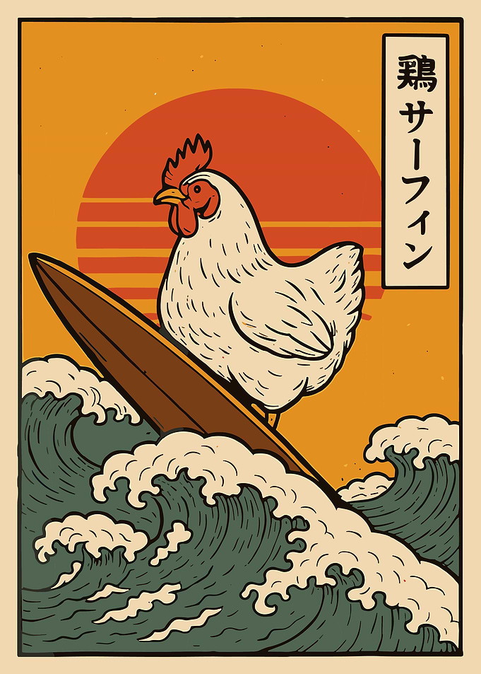 Surfing Chicken Poster, Japanese Sun Wave Art Print, Fun Coastal Kitchen Wall Decor