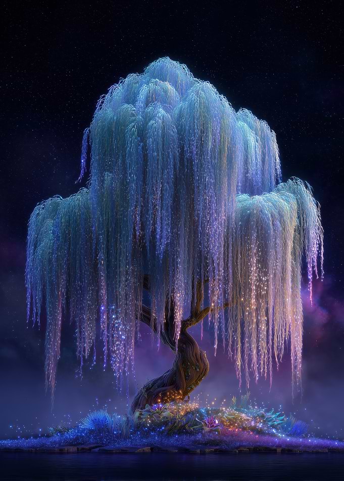 Mystical Willow Tree at Night