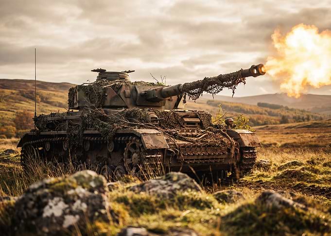 Camouflaged Tank Firing in Field