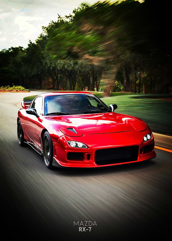 Red Mazda RX-7 on the road Poster