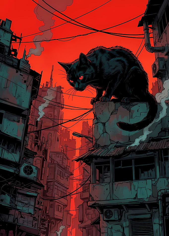 Black Cat in Urban Landscape