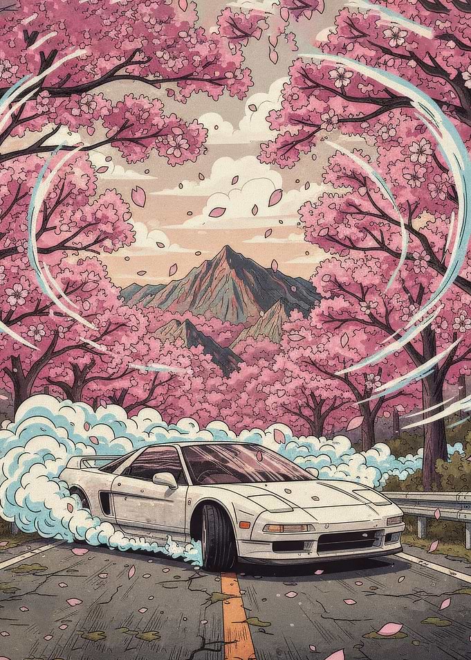 White Car Drifting Under Cherry Blossoms