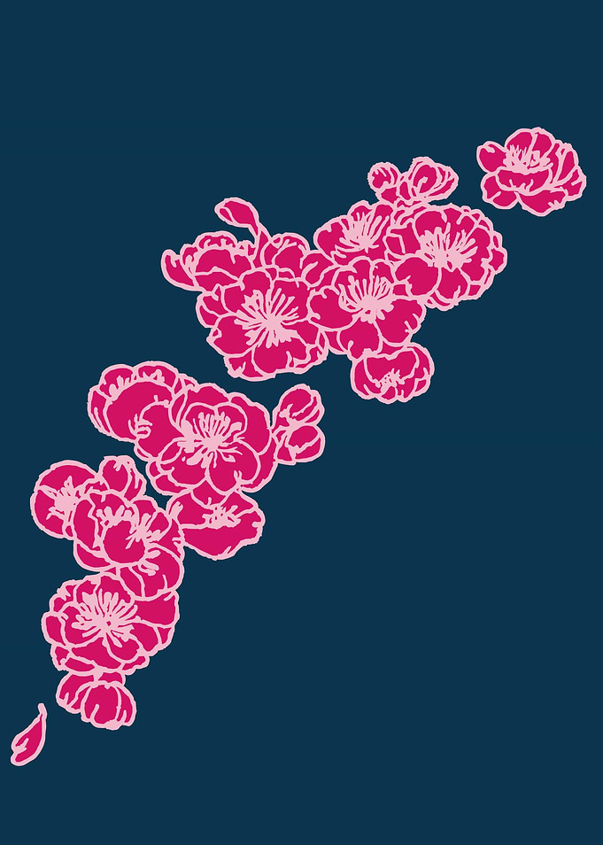 Pink Floral Illustration on a Dark Blue Background