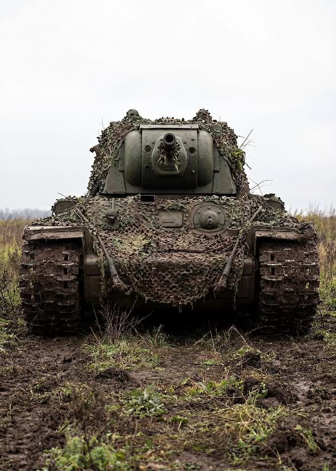 Camouflaged Tank in Muddy Field