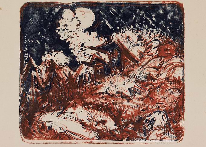 Abstract Landscape Print in Blue and Red