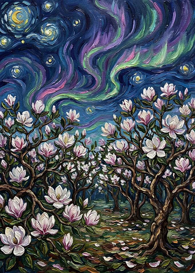 Magnolia Trees Under Aurora Painting
