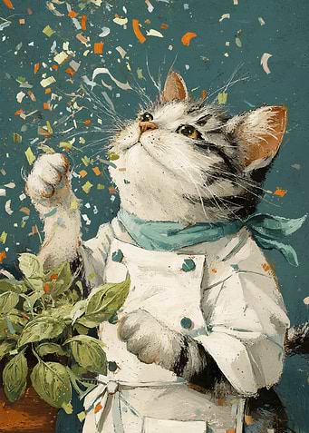 Chef Cat with Herbs and Confetti