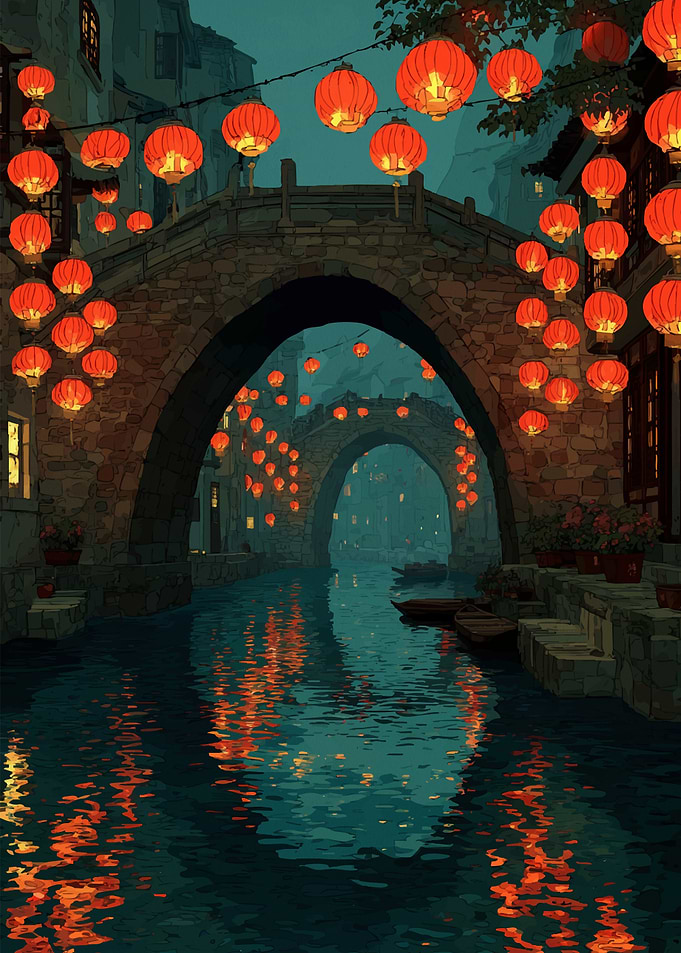 Chinese lanterns over canal and bridges