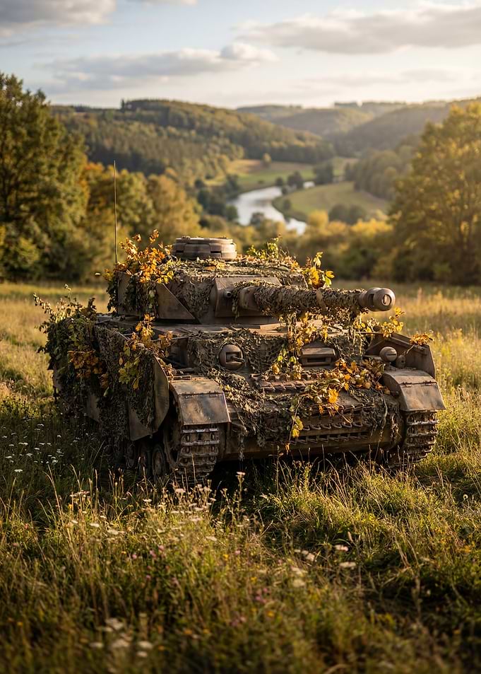 Camouflaged Tank in Autumn Landscape