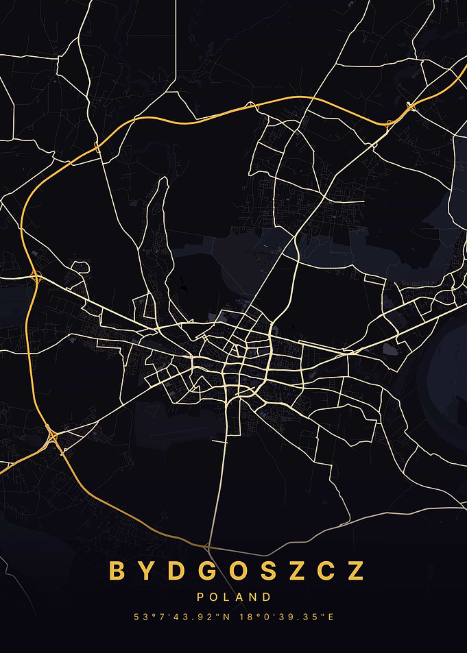 Bydgoszcz Poland Black and Gold Map